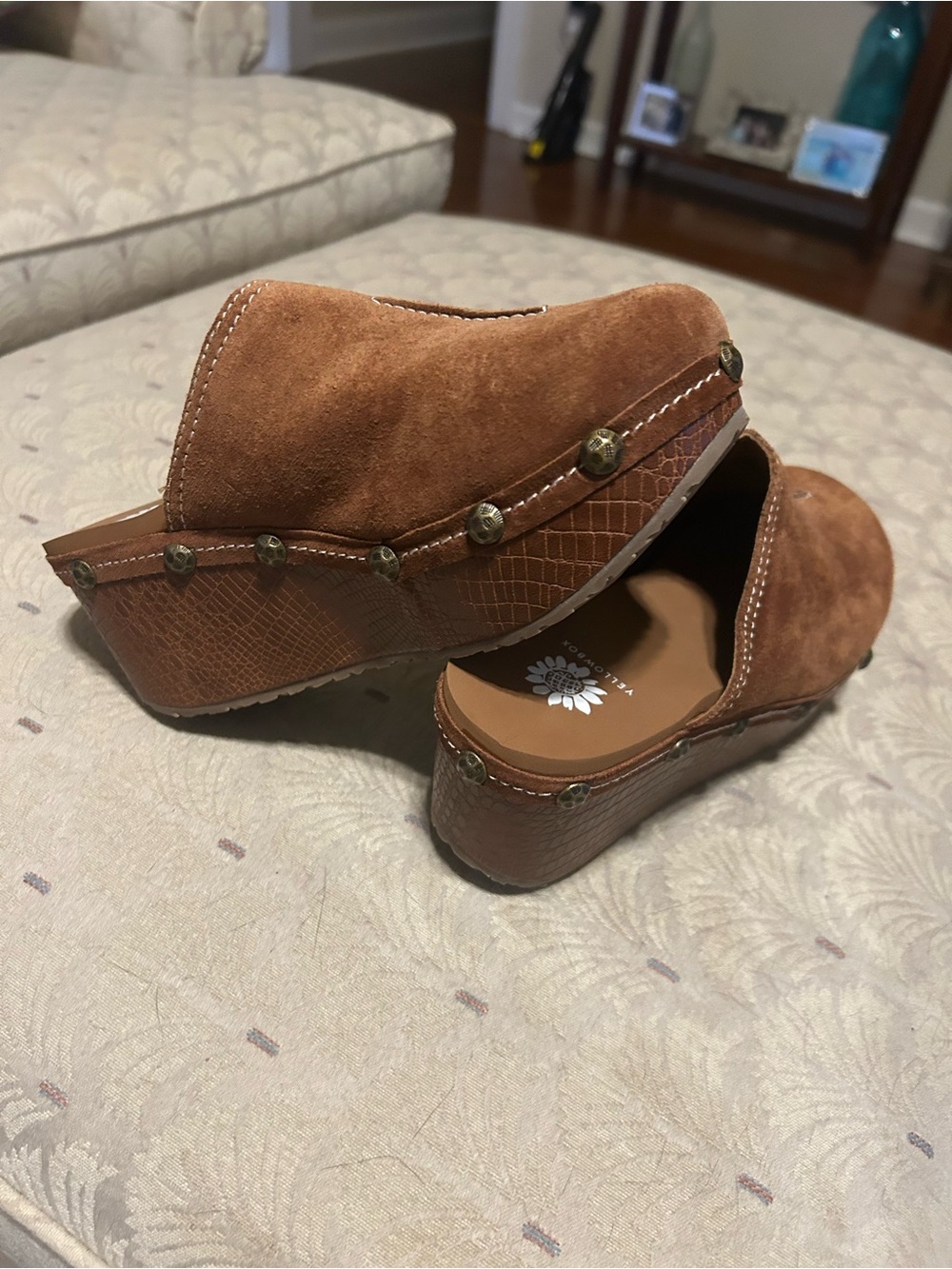 Yellow Box Chestnut Suede Platform Clogs with Stud Trim